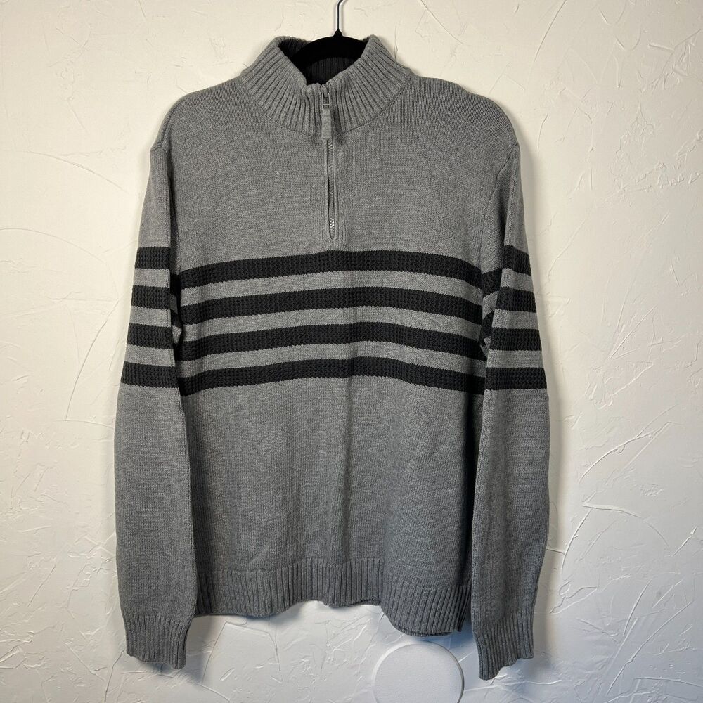 Tahari Gray Striped Quarter Zip Cotton Sweater Minimalist Dadcore Neutral‎ Sz XL